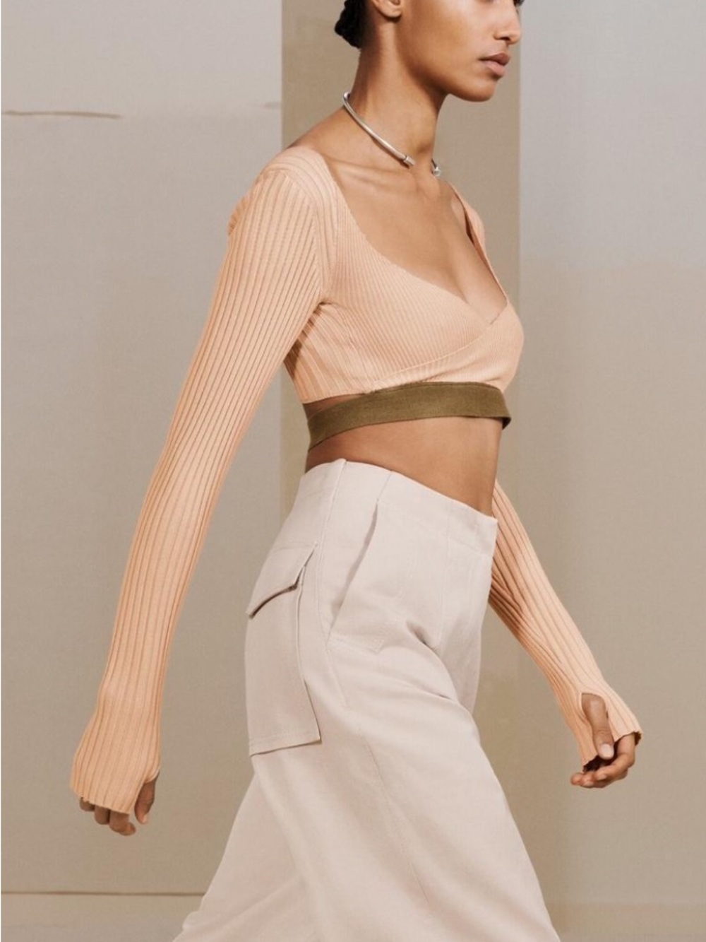 Zara $89 SRPLS Surplus Crop Thumbholes Sweater . Knit  Small  Champagne Jl26